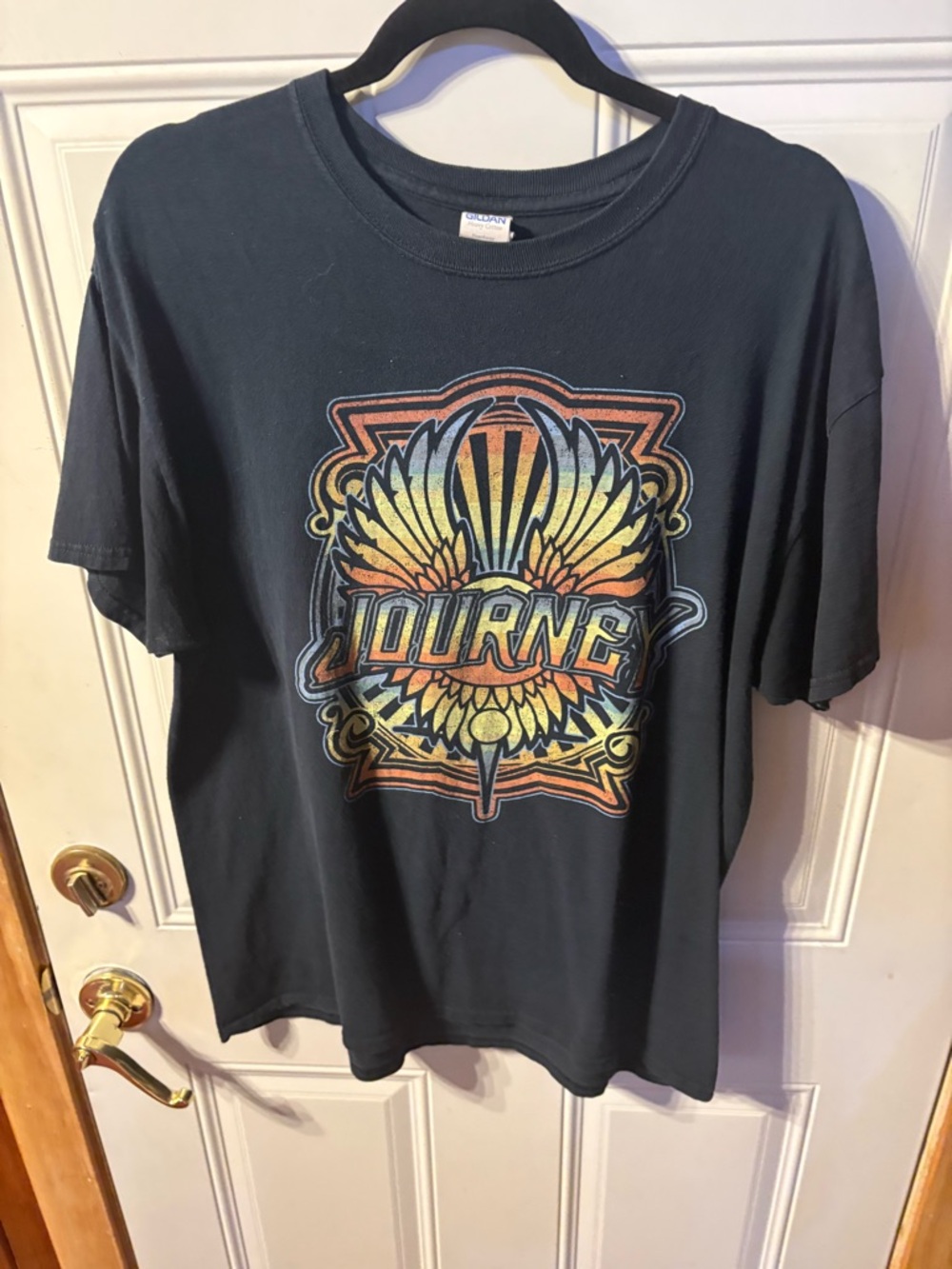 Gildan Black Journey Graphic Tee with Yellow Orange Accent Size Large